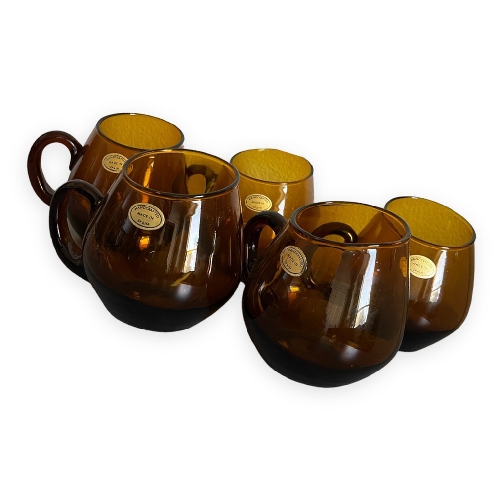 Handblown Mugs Asymmetrical‎ Amber Glass Blenko Style MCM Made in Spain Set of 5